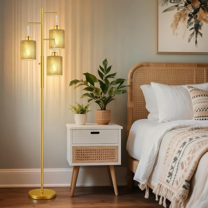 Hotsonic 72" Rattan Boho Floor Lamp, Tall Dimmable Standing Lamp with Handcrafted Beige Shade, Industrial Tree Floor Lamps for Living Room, Bedroom, Study Room, Office(3x800LM LED Bulbs Included)-Gold
