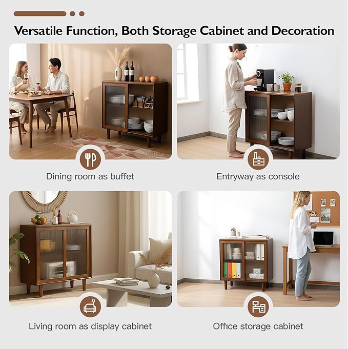 Tiita Bamboo Sideboard Buffet Cabinet, Rattan Kitchen Storage Cabinet, Boho Coffee Bar Tables for Kitchen Living Room Hallway Office, Walnut