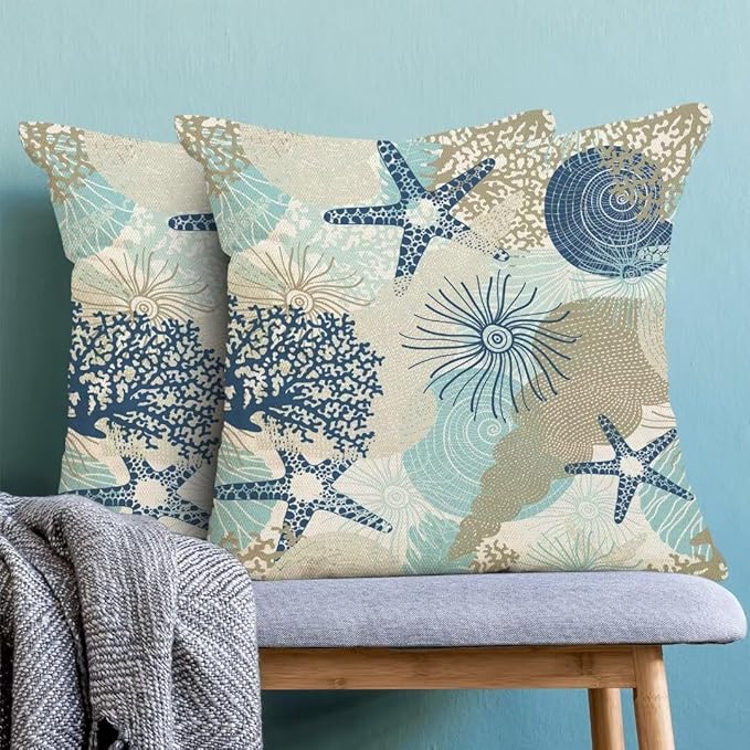Nautical Coastal Throw Pillow Cover 20X20 Inch Pack of 2,Summer Beach Ocean Themed Decorative Pillow Covers Square Linen Starfish Seashell Pillow Cases Cushion for Bedroom Home Sofa Decoration