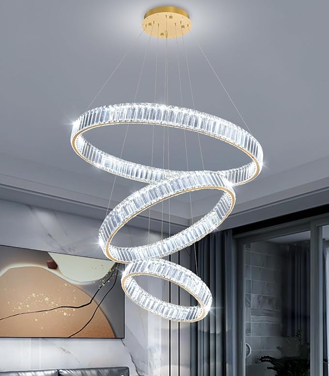 16‘’+24‘’+32'' Modern Ring Chandelier Crystal Chandeliers for Dining Room Round LED Dimmable Ceiling Light Fixture for Living Room Bedroom Lighting Gold