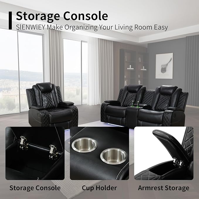 Power Leather Recliner Sofa Set with LED Light,Reclining Loveseat and Chair Set with USB,Leather Couch Set for Loveseat with Storage Console/Single Recliner 2 PCS for Living Room(Black,2+1)