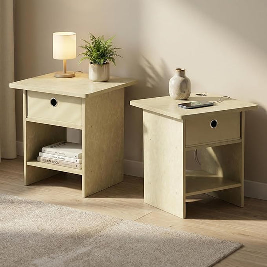 Furinno Dario End Table/Night Stand Storage Shelf with Bin Drawer, Beige Marble/Ivory, Set of 2