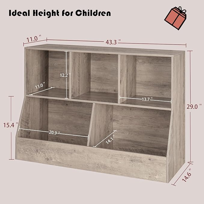 DINZI LVJ Toy Storage Organizer, Kids Bookshelf, Wood Toy Storage Cabinet, 5 Cubby Children Bookcase, 43.3" L Toddler Book Shelf for Playroom, Living Room, Nursery, Hallway, School, Greige