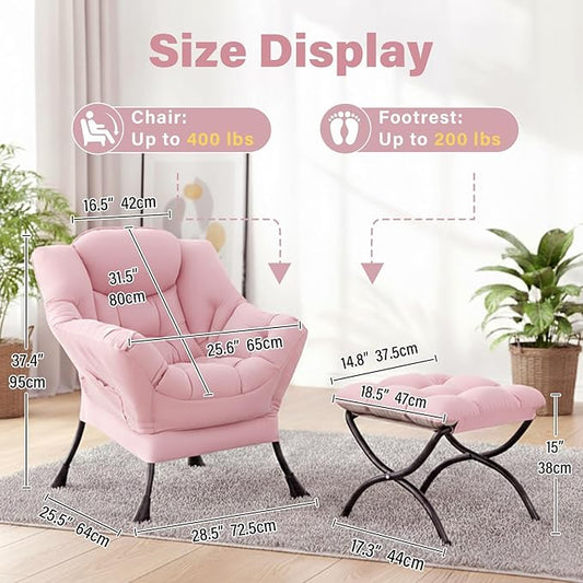 Cozy Lazy Chair with Ottoman, Large Contemporary Accent Peach Pink Chair Set, Leisure Upholstered Reading Armchair for Office, Bedroom, Living Room, Dorm Rooms, Balcony