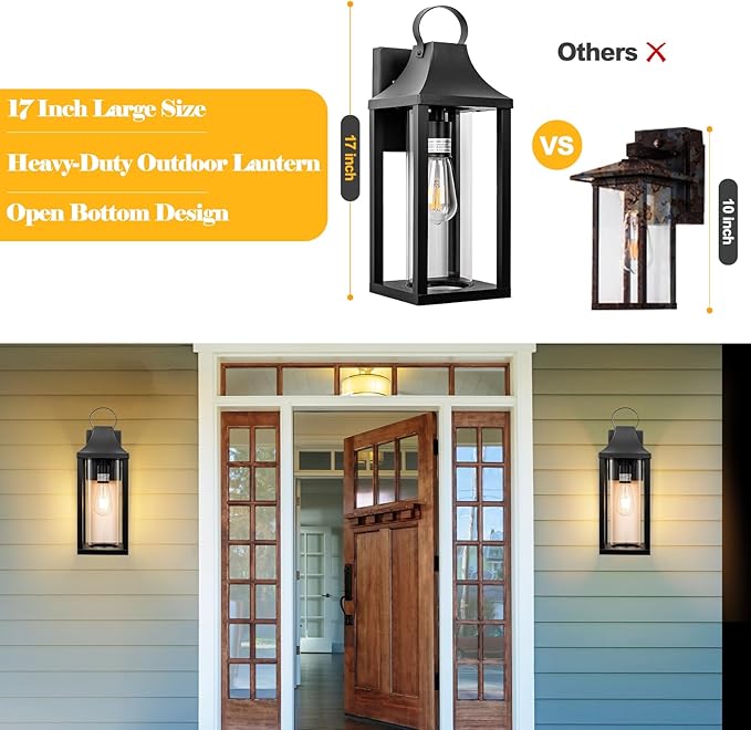 17 Inch Porch Light Large Black Outdoor Light Fixture with Cylindrical Clear Glass, IP65 Waterproof Exterior Lighting Fixture Outside Lantern for House Outdoor Wall Sconce, Matte Black