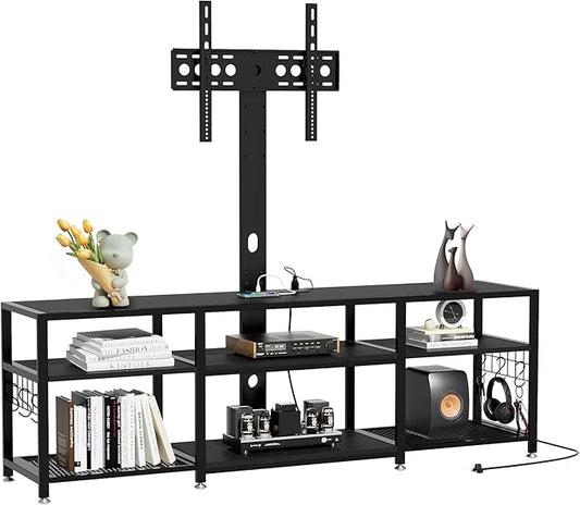 VECELO TV Stand with Mount and Power Outlet, Height Adjustable Entertainment Center with Storage Shelves for 32/55/65/70/75 inches Televisions, Console Table for Living Room, Bedroom, Matte Black