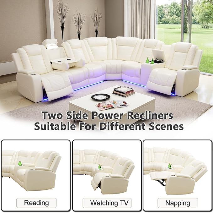 Power Recliner Sectional Sofa Set with LED Light,L Shaped Leather Sectional Couch Set with 5 Recliner Seats,Modular Couches with USB Ports for Living Room Furniture,Cream White