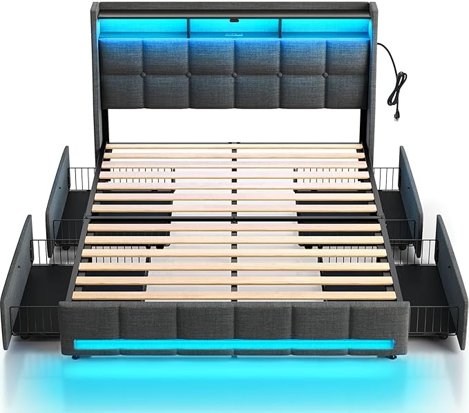 Rolanstar Full Size Bed Frame with LED Lights and Charging Station, Upholstered Bed Storage Headboard & Drawers, Heavy Duty Wood Slats, Easy Assembly