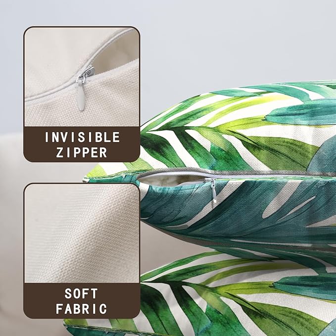 Green Tropical Leaves Outdoor Throw Pillow Covers Summer Palm Leaf Pillow Covers 16x16 Set of 2 Monstera Plant Pillow Cases Modern Farmhouse Cotton Linen Cushion Cover for Couch Sofa