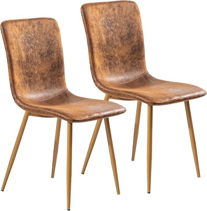 FurnitureR Set of 2 Dining Chairs, Suede Upholstered Side Chair with Mid Back, Soft Seat and Sturdy Metal Legs for Kitchen Dining Room, Brown