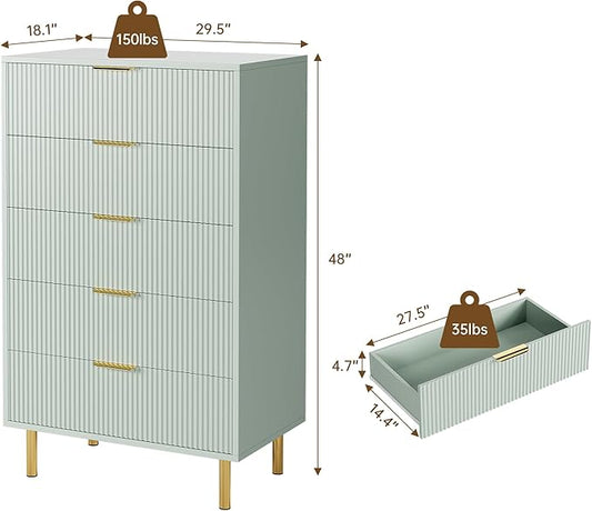 GarveeHome Green Dresser, Modern 5 Drawer Dresser for Bedroom with Gold Handle and Large Drawer, Wood Double Chest of Drawers and Storage Organizer for Living Room, Hallway, Entryway