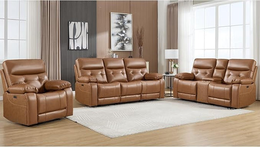 CANMOV Genuine Leather Power Reclining Sofa Set,Living Room Furniture Sofa Set,Power Recliner Chair,Loveseat and Sofa with Storage Console, USB Ports, Cup Holders for Living Room,Brown