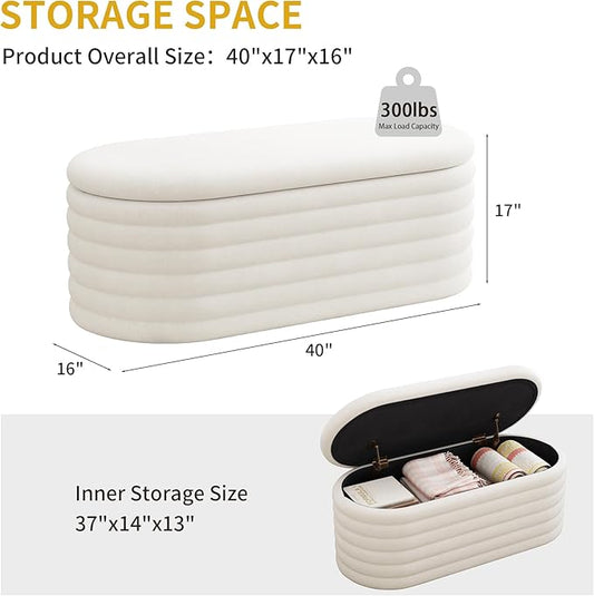 Storage Ottoman Bench 40 inch Upholstered Chenille Fabric Storage Bench for Bedroom End of Bed Stool Aesthetic Large Storag Ottoman for Living Room Entryway,White