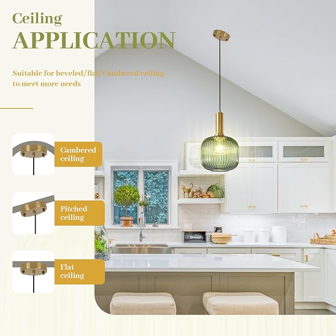 Green Glass Pendant Light Vintage Kitchen Pendant Lighting Over Island Sink Mid Century Modern Gold Hanging Pendant Light Fixture for Bedroom Living Room Dining Room