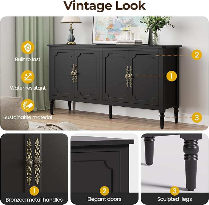 Console Table, 58'' Mid Century Modern Pantry Cabinet, Wood Buffet Sideboard, Media Credenza with 4 Doors, Accent Storage for Entryway, Living Room, Bedroom, Dining Room (Black1)