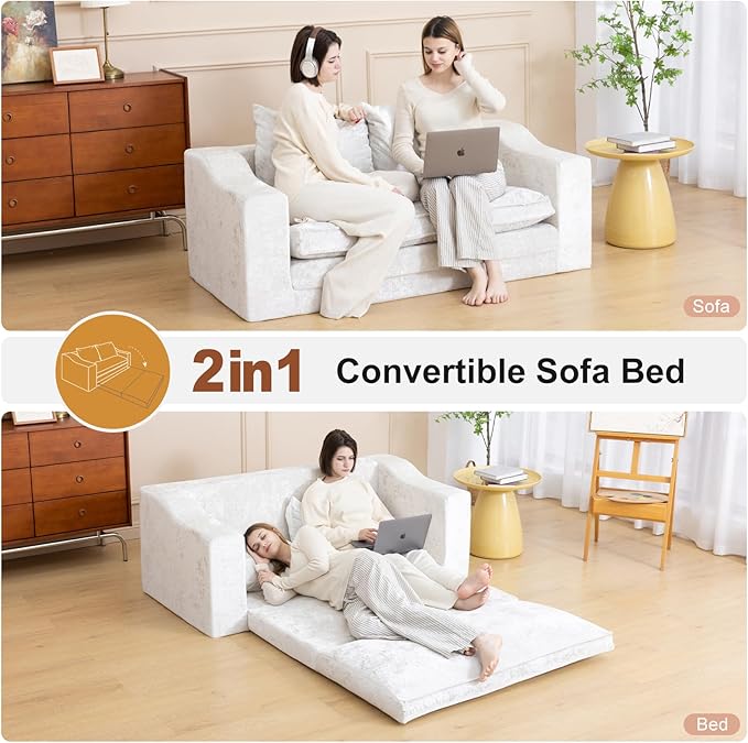 61" Convertible Sofa Bed Loveseat, Memory Foam Boneless Floor Couch with Removable Plush Velvet Cover, Tri-folding Compact Full-size Sleeper for Small Living Room, Playroom, Guest Room, RV (Off White) | Convertible Sofa Bed, Premium Memory Foam, Ergono...
