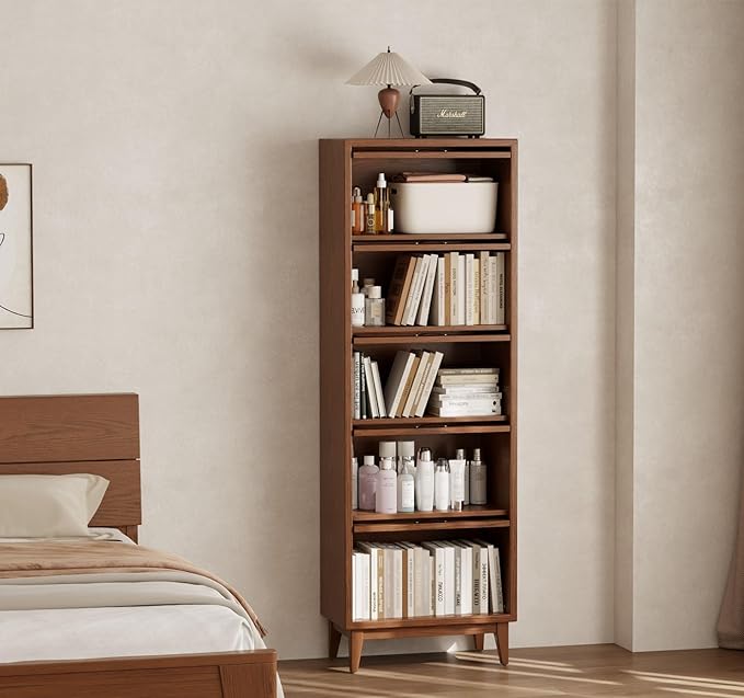 71'H *23.6W Solid Wood Bookcase,5 tir Tall Black Book case with Doors,Modern Bookshelf with Door for Kitchen,
