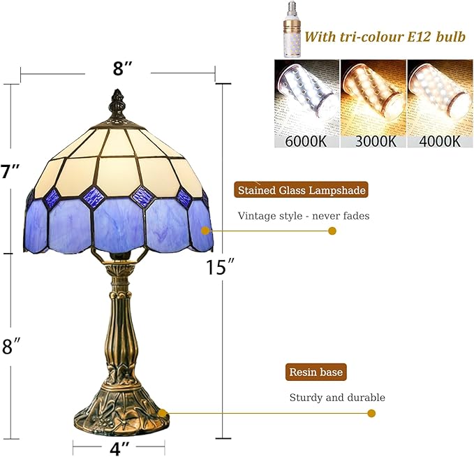 Table Lamp Tiffany-Style 8 Inch Mediterranean Series Stained Glass Lampshades Small Bedside Lamp Reading Antique Desk Light Livingroom Bedroom Office Vintage Art De(Color:Blue)