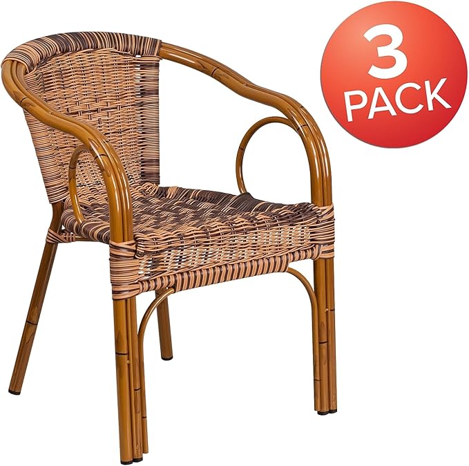 Flash Furniture 3 Pack Cadiz Series Burning Brown Rattan Restaurant Patio Chair with Dark Red Bamboo-Aluminum Frame
