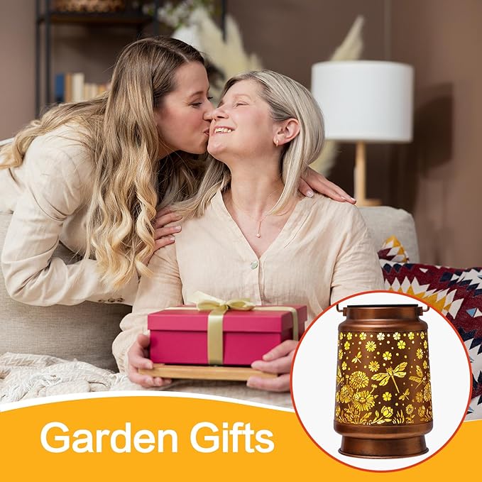 2 Pack Dragonfly Solar Lanterns Outdoor Waterproof Daisy Garden Decor Birthday Gifts for Women Mom Grandma Hanging Solar Lights Metal Lantern Decoration Outside for Porch,Patio,Yard,Backyard
