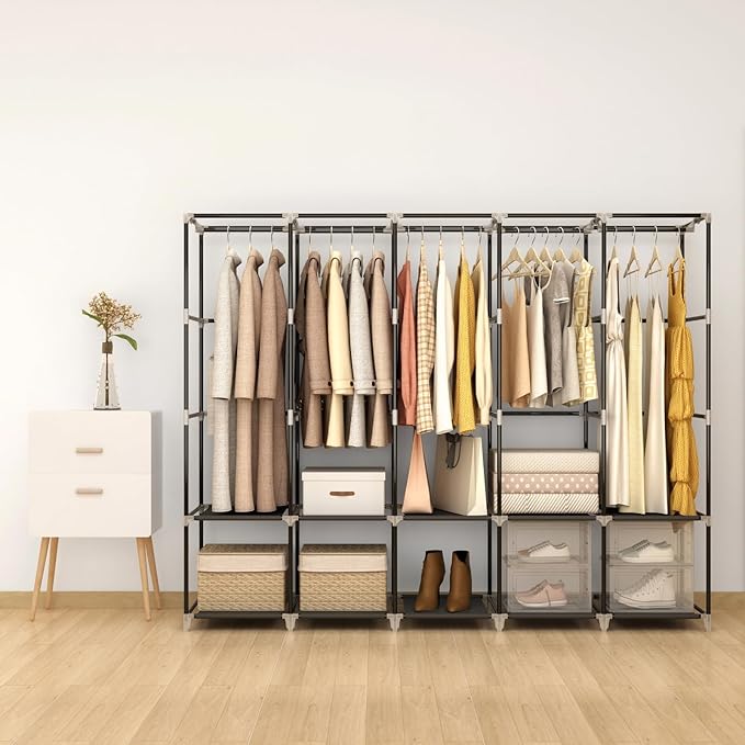 83" Extra Large Portable Closet Wardrobe, Heavy Duty Free-Standing Clothes Organizer with 10 Shelves, 5 Hanging Rods & 4 Side Pockets - Dustproof Fabric Cover, Black