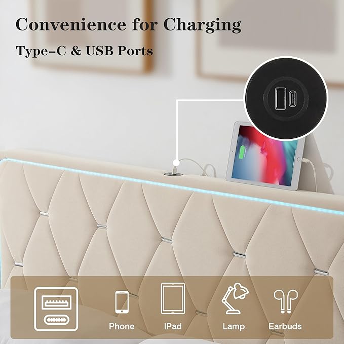 VECELO Upholstered Queen Bed Frame with Headboard Adjustable, Velvet Platform Bed with LED Lights, Charging Station, Mattress Foundation with Wooden Slats, Noise Free, No Box Spring Needed, Beige