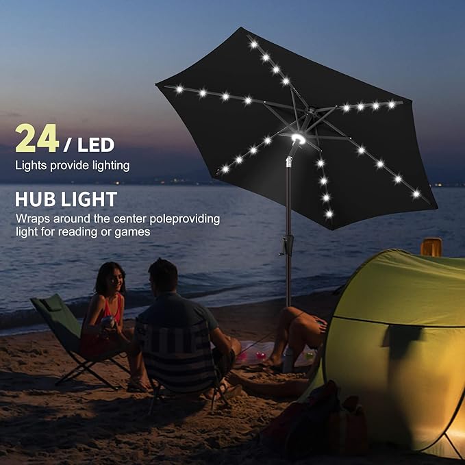 7.5FT Solar Umbrella Outdoor - Lighted Solar Patio Umbrella with 24 LED Lights Waterprool UV Protection, Table Umbrella with Tilt for Pool, Porch, Garden, Deck, Backyard (Black)
