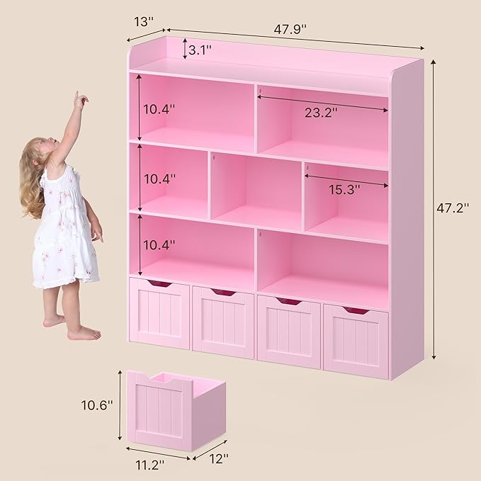 Gizoon Toy Storage Cabinet and Kids Bookcase with 4 Movable Drawers and 8 Open Shelves Toy Chest Shelf Organizer with Hidden Wheels for Playroom Nursery Kids Room, Pink
