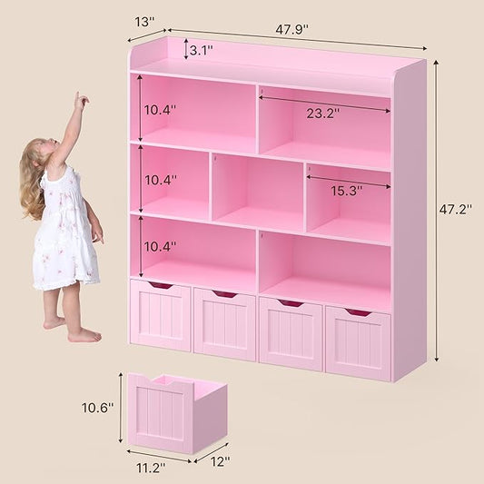 Gizoon Toy Storage Cabinet and Kids Bookcase with 4 Movable Drawers and 8 Open Shelves Toy Chest Shelf Organizer with Hidden Wheels for Playroom Nursery Kids Room, Pink
