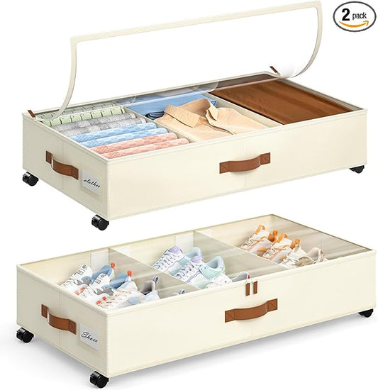 Yecaye Under Bed Storage with Wheels, 2 Pack Under Bed Storage Containers with Adjustable Dividers & Clear Lid, Rolling Underbed Organizer Bins Drawer for Clothes, Shoes, Blankets(33.3 x 16.5 x 6.7in)