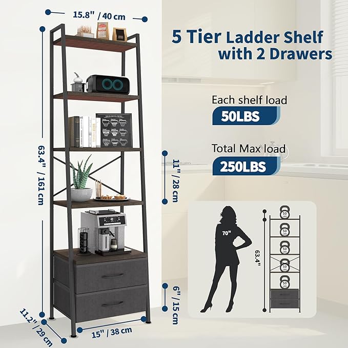 Whitmor 5-Tier Ladder Bookshelf with 2 Drawers, Narrow Modern Display Bookcase with Wood Shelves & Metal Frame, Freestanding Storage Rack for Living Room, Bedroom, Bathroom, Home Office, Black
