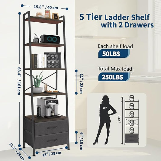 Whitmor 5-Tier Ladder Bookshelf with 2 Drawers, Narrow Modern Display Bookcase with Wood Shelves & Metal Frame, Freestanding Storage Rack for Living Room, Bedroom, Bathroom, Home Office, Black