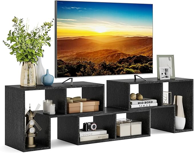 Tangkula 3 Pieces Console TV Stand, Free-Combination Entertainment Center for 50 55 60 65 Inch TV, Minimalist Modern TV Table Media Stand, DIY Open Storage Bookcase for Living Room (Black Wood Grain)