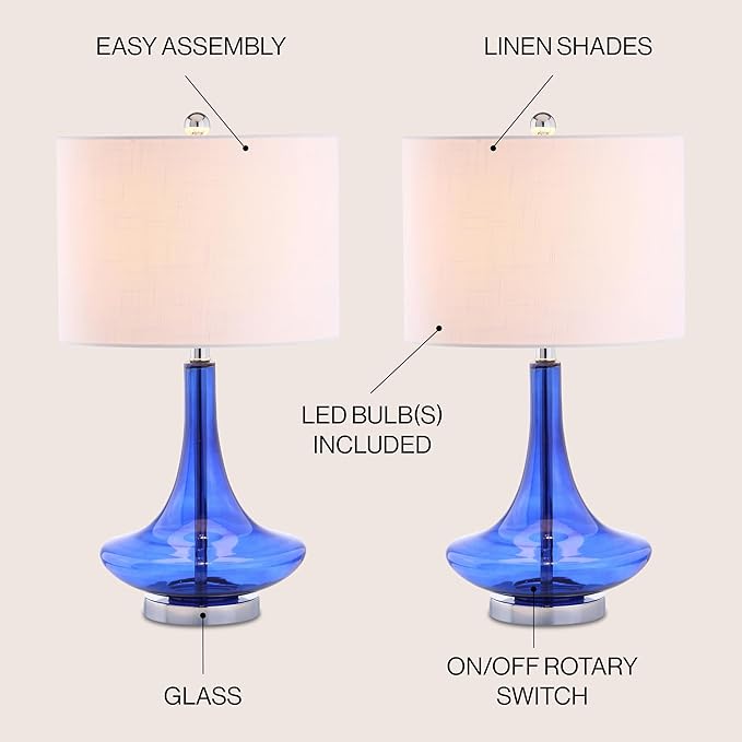 JONATHAN Y 25.5" Cobalt/Chrome Glass Teardrop Table Lamp Set of 2 for Bedroom, Modern Bedside Lamps for Living Room, White Linen Drum Shade, LED Bulbs Included (JYL1081D-SET2)