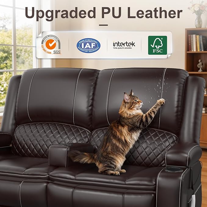 Yolsali Power Reclining Loveseat with Remote Control, Zero Wall Hugger RV Loveseat Recliner Sofa for Living Room with Removable Armrest, 2-Tier Cushions, Hidden Storage & USB Ports, PU Leather Brown