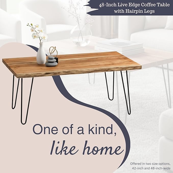 Alaterre Furniture Live Edge Wood Coffee Table with Hairpin Metal Legs – Rustic Modern Farmhouse Living Room Table with Acacia Wood Top (48 Inch)