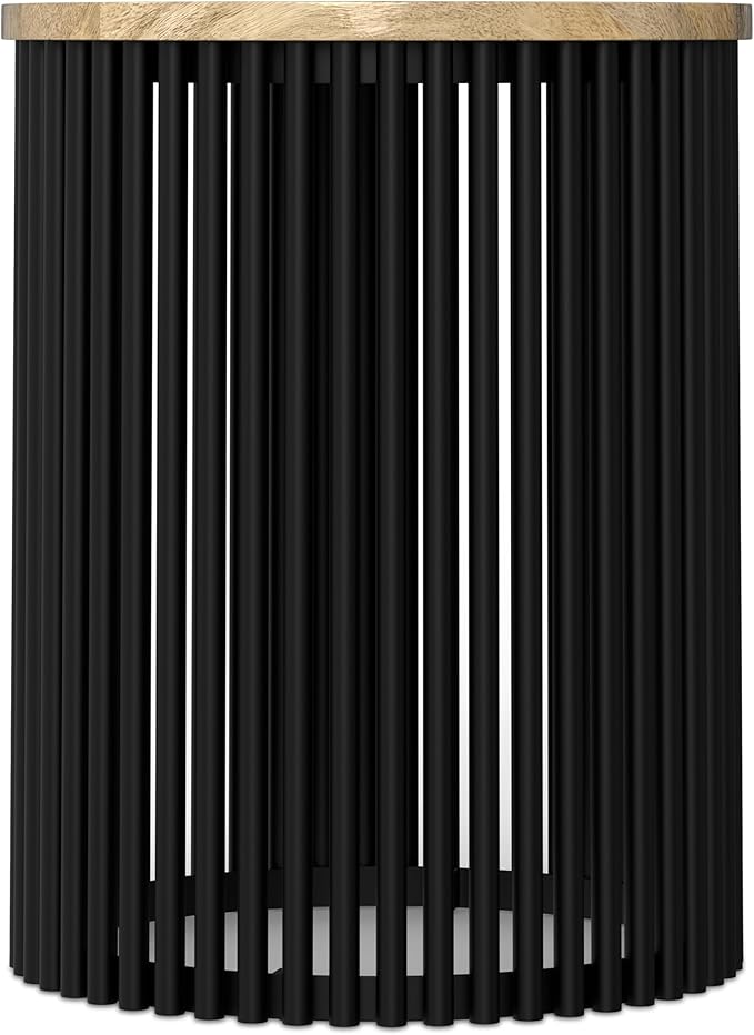 SIMPLIHOME Demy Side Table - 20 inch Wide Solid Mango Wood and Metal Tall Round End Table in Natural and Black, Industrial Accent Table for Living Room or Entryway with Slatted Base, Assembled
