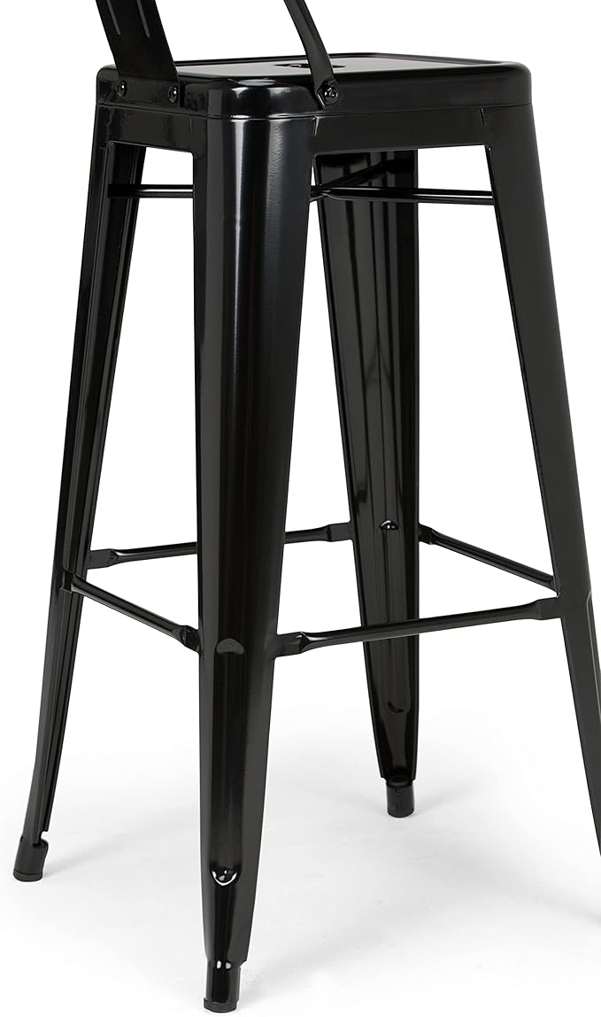 SIMPLIHOME Rayne Bar Stools (Set of 2) - 30 inch Seat Height Industrial Metal Chairs in Black, Urban-Style Seating for Kitchen or Bar with Curved Back, Under-Seat Cross Brace, and Footrest