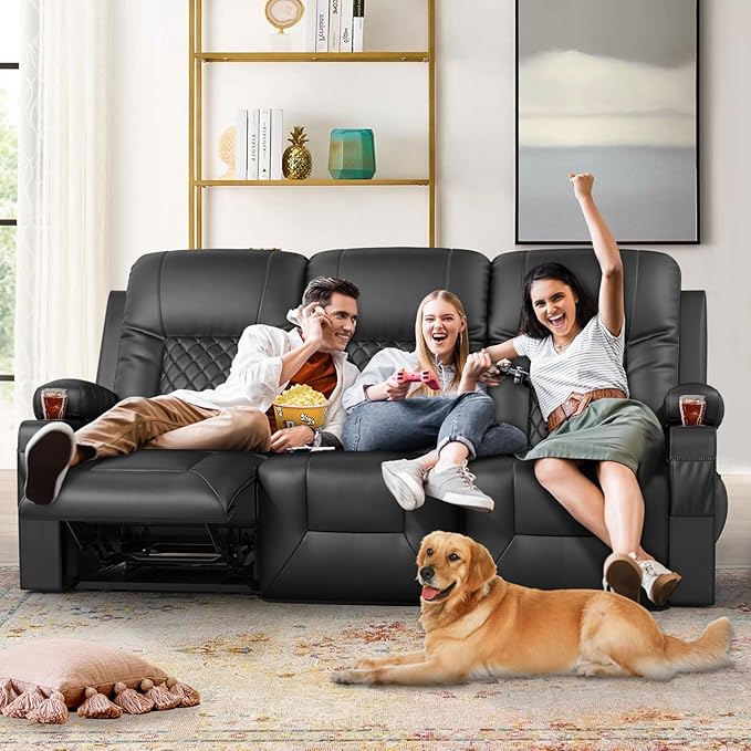 FURNIMAT Recliner Sofa, 3 Seats Dual Reclining Sofa, PU Leather Loveseat Couch, Modern Recliner Chair for Living Room, with Cup Holder and 2 Cell Phone Holder, USB Ports, Black