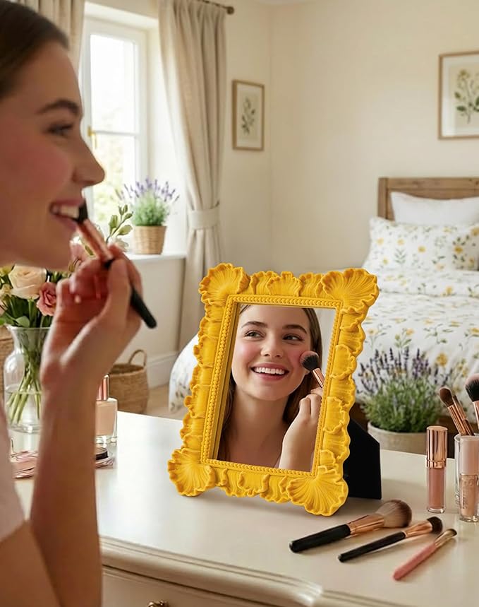 Leaf-Themed Framed Decorative Mirror for Makeup Dresser Table Gallery Wall Art, 9.8x7.7 Funky Wall Mirrors for Fall Autumn Winter Thanksgiving Christmas Holiday Accent (Yellow-Orange)