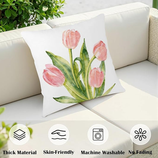 Spring Floral Pillow Covers 24x24 Set of 2 Pink Tulip Throw Pillow Covers Summer Flower Farmhouse Decorative Throw Pillows for Home Couch Sofa Bed Decor