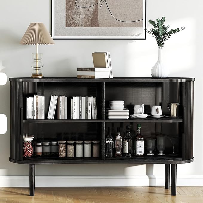 Mid-Century Modern Sideboard Buffet Cabinet, 55" Storage Cabinet with 4 cabinets, Decorative Fluted Sliding Doors for Bedroom Dining Room Small Space, Walnut Finish, Black
