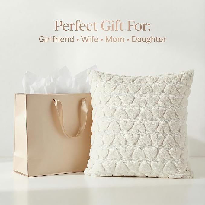 Valentine Pillow Covers 18x18 Inch Set of 2 Valentines Day Decorations Heart Cream White Heart Plush Faux Fur Pillow Covers for Sofa Bed Living Room Holiday Home Decor