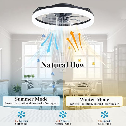 Ceiling Fans with Lights and Remote Fandelier - 20'' Flush Mount Low Profile Modern Black Ceiling Fans for Bedroom - Stepless Color Temperature Change and 6 Speeds, Black