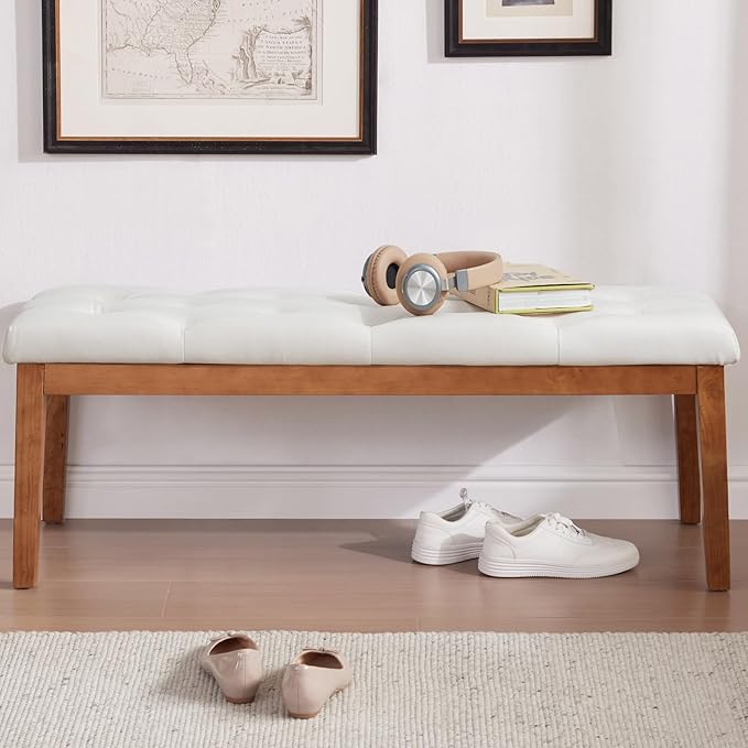 Ottoman Bench Upholstered Padded Seat with Solid Wood Legs and Button-Tufted, Linen Cream
