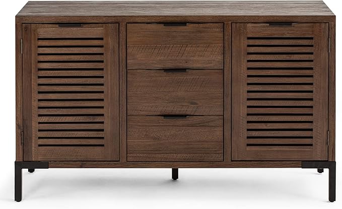 Bme Millie Solid Wood Sideboard Storage Cabinet with Storage, Pre-Assembled with 3 Drawers & 2 Doors, Adjustable Shelves