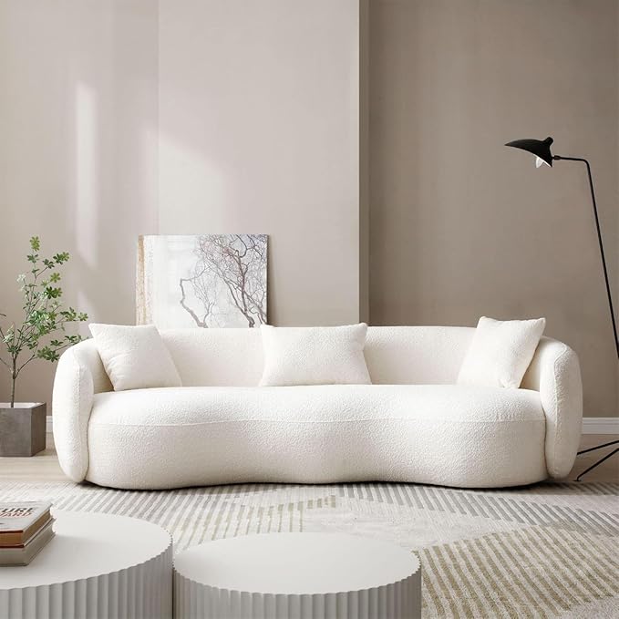 Modern Curved Sofa, 93.6" 4-Seater Boucle Cloud Couch with 3 Pillows, Comfy Upholstered Sofas for Living Room, Apartment, Office, Off-White