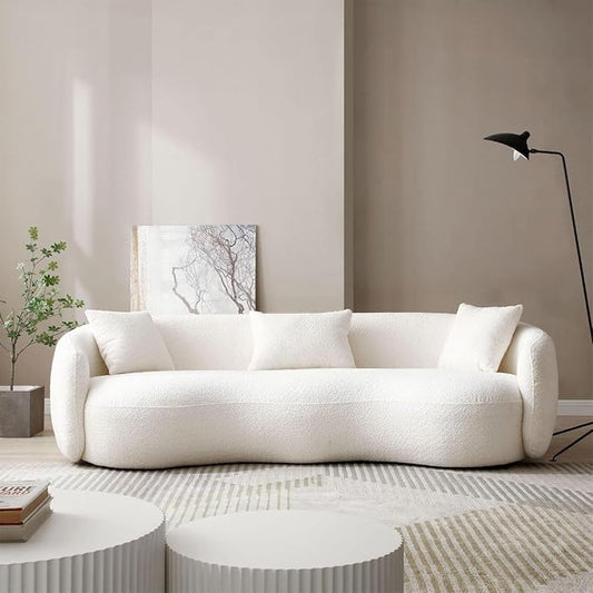 Modern Curved Sofa, 93.6" 4-Seater Boucle Cloud Couch with 3 Pillows, Comfy Upholstered Sofas for Living Room, Apartment, Office, Off-White