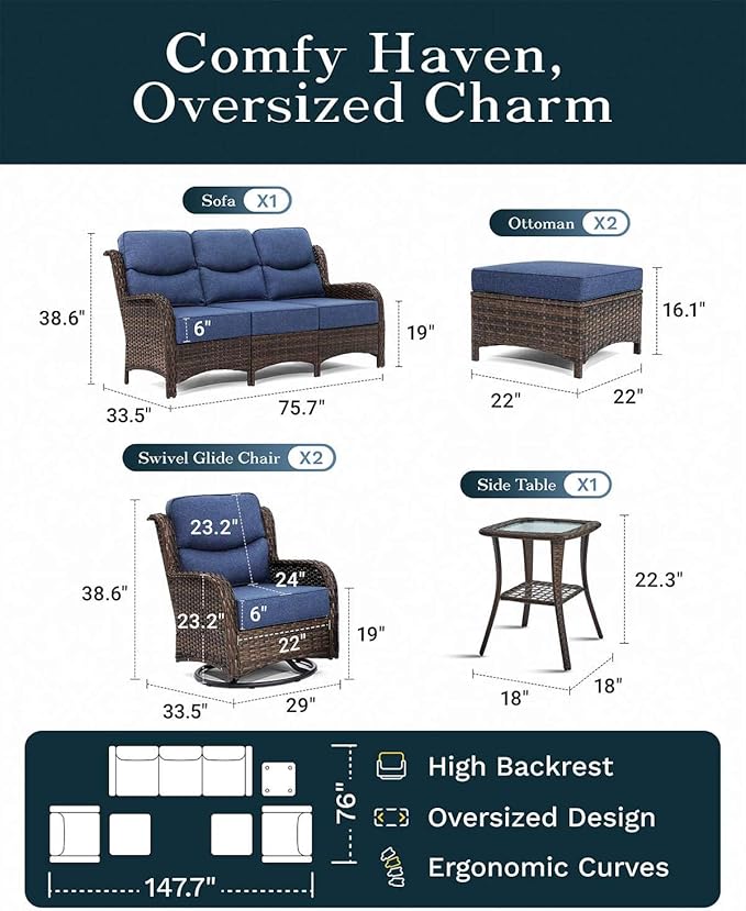 Patio Furniture Set with 6-Inch Thick Cushions, 6PCS High Back Outdoor Couch and Swivel Rocker Chairs, Wicker Conversation Set for Porch, Deck, Yard in Blue