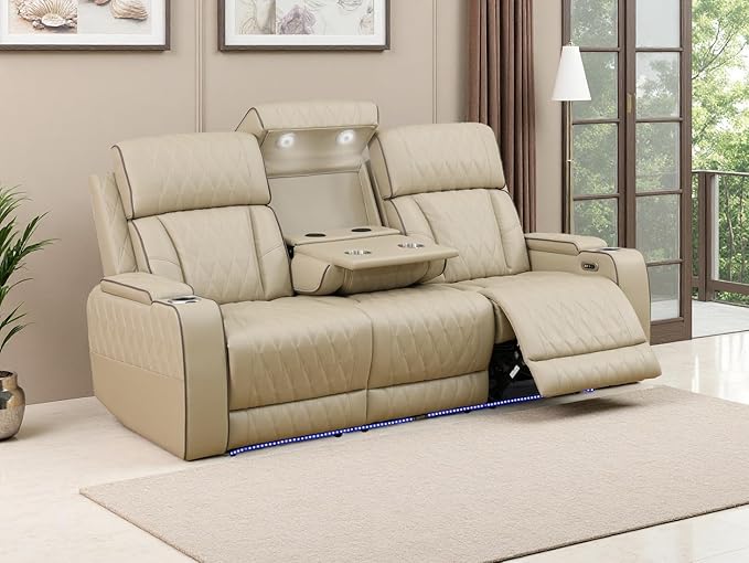 Living Room Furniture Sets, Power Recliner Sofa with LED Light, Beige Breathing Leather Reclining Sectional Sofa with Drop-Down Table, Cup Holder and Storage Console for Living Room,Office